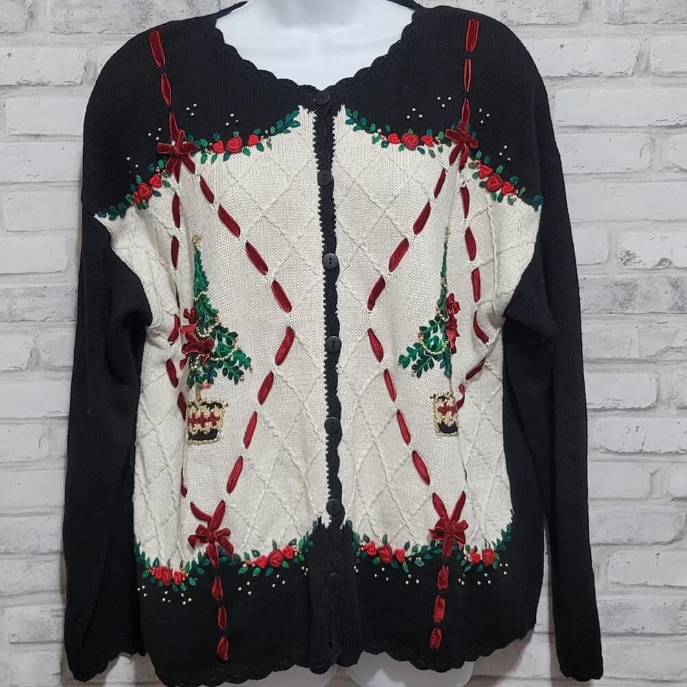 Vtg Beldoch Popper Knit Christmas Tree Sweater Holly Embroidered Womens Large